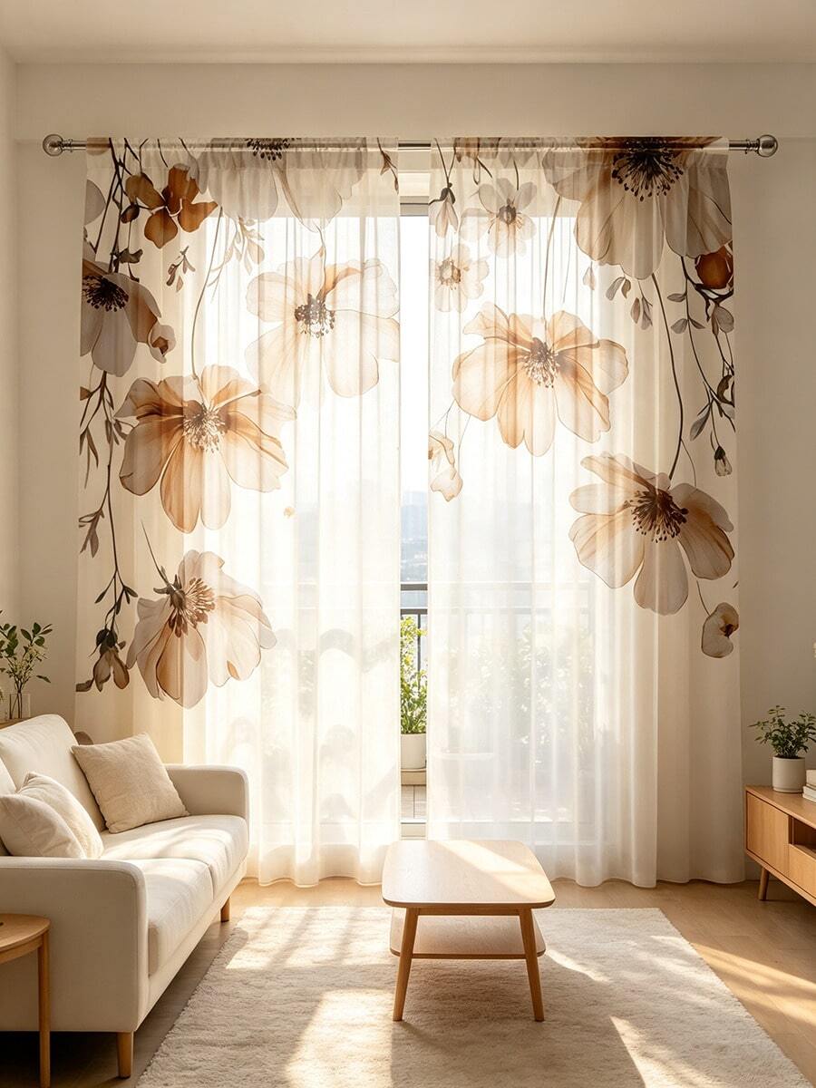 2pcs Light Style Light Color Floral Transparent Curtains - With Rod Pocket Design, Provides Privacy And Easy Installation, Perfect For Living Room And Bedroom Decor, Machine Washable, All Season Use, Multi-Functional Transparent Curtains, 90gsm - Multicolor - View 1