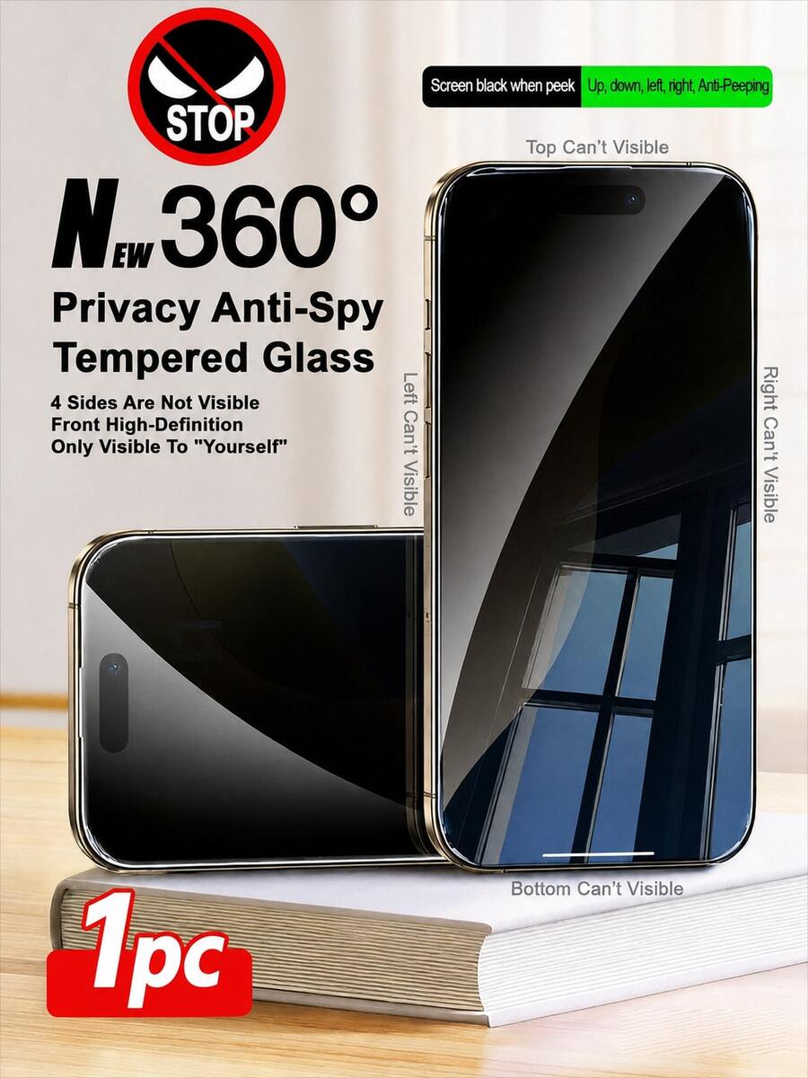 CASECOPS 1片 360°四面全覆蓋隱私鋼化玻璃螢幕保護貼，防偷窺、防指紋，全角度完全隱形，適用於 iPhone 17 Pro Max/17 Air/16E/16 Pro Max/16 Pro/16 Plus/16/15 Pro Max/14 Pro Max/13/12/11/XS Max/XR Plus 系列，生日禮物，送給家人與朋友