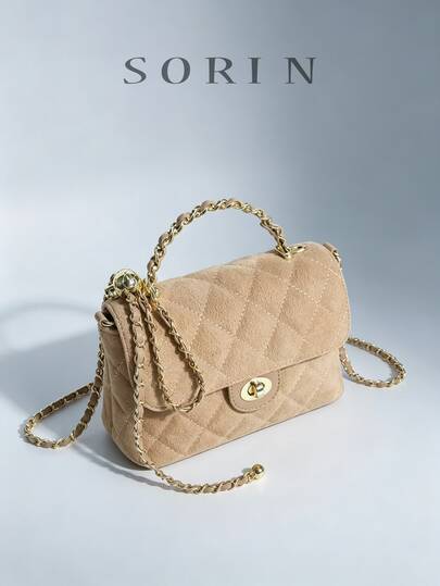 1pc Khaki Diamond Quilted Embroidery Flap Chain Bag With Twist Lock, Handbag Shoulder Bag Crossbody, Suitable For Autumn Shopping, Dating, Afternoon Tea