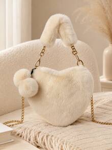 XD Autumn/Winter Fuzzy Kids Crossbody Bag, Small Handheld Tote For Girls, Multi-Functional Storage For Coins, Hair Accessories, Earphones, School, Short Trips, Gift For Girls, Kids Love It - Beige - View 4