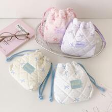 1pc Bow Polka Dot Quilted Drawstring Storage Bag, Soft Cotton Portable Cosmetic Makeup Pouch, Sweet Pastel Color Small Organizer Bag, Multi-Use Camera Jewelry Sundries Carry Bag For Travel Daily Girl Accessories Storage, Back To School - Storage Bag - View 4