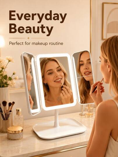 LED Makeup Mirror With Lights, Tri-Fold Vanity Mirror With 2X/3X Magnification, 3 Lighting Modes, Dimmable Touch Control, Foldable Rotatable Makeup Mirror With Storage Base For Bedroom, Dorm & Trave, Ideal Holiday Gift