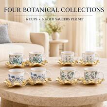 12-Piece Vintage Floral Ceramic Cup Set, 6 Floral Print Porcelain Mugs With 6 Gold Wavy Metal Cup Holders, Elegant Gold-Rimmed Tea Cups Coffee Cups, Afternoon Tea Table Decor Service Set, Suitable For 6 People - White - View 3