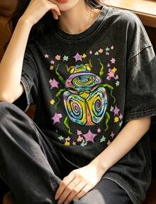 CottonWashable T-Shirt-Colorful Beetle Party Printed T-Shirt,Perfect For Everyday Wear,Gifts For Father'S Day-Summer Tops-New Summer Outfits For Women - 黑色1 - 查看 3
