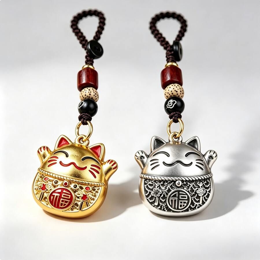 1pc Lucky Cat Charm Pendant Necklace, Traditional Craftsmanship Wealth & Good Luck Metal Charm, Engraved Good Luck Jewelry, Dual-Use Keychain, Unisex Gift - Multicolor - View 1