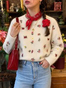 Women's Beige Floral Embroidered Round Neck Knit Sweater, French Vintage Style Loose Fit Top For Autumn/Winter, Suitable For Daily Commute And Casual Wear - Beige - View 8