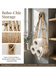 2Pcs/Set Wall Mounted Toilet Paper Storage Rack Hanging Mesh Bag Organizer Bohemian Style Handmade Cotton Rope Net Bag Paper Roll Holder Suitable For Home Bedroom Bathroom Living Room - Multicolor - View 2