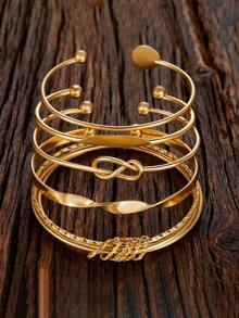 5pcs Set Vintage Personalized Exaggerated Wide Cuff Bracelet Set, Gold Polished Asymmetrical Bangle Bracelet, Suitable For Girls, Gift For Best Friends - Yellow Gold - View 2