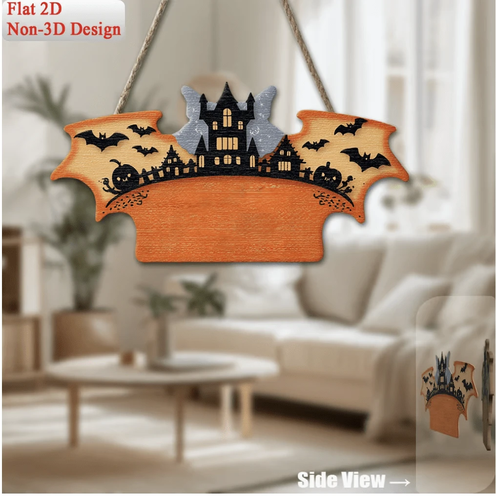 2D Flat, 1pc, Customizable Wooden Sign Castle Bat Decorative Plaque - Wall Decor Suitable For Kitchen, Hallway, Porch, Halloween Gift, Gothic Home Decor, Personalized Spooky Decoration - A - View 1