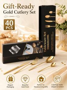 40pcs Stainless Steel Cutlery Set, Gold Knife & Fork, Mirror Dessert Fork, Colorful Cake & Fruit Spoon, Small Coffee Spoon, Kitchen Dining Utensils - Multicolor - View 2