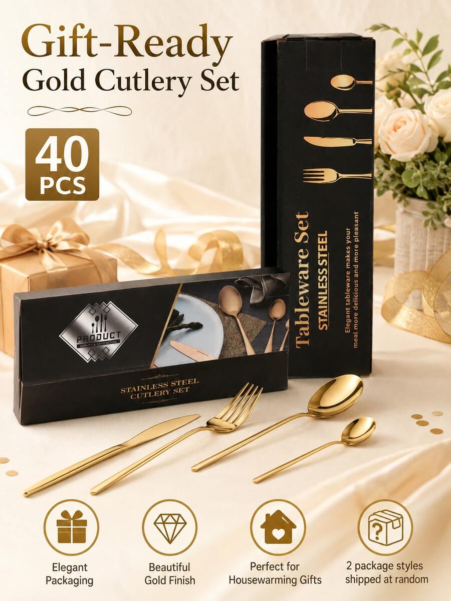 40pcs Stainless Steel Cutlery Set, Gold Knife & Fork, Mirror Dessert Fork, Colorful Cake & Fruit Spoon, Small Coffee Spoon, Kitchen Dining Utensils