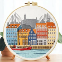1PC 20*20cm/7.9*7.9in,Houses On Islands Embroidery Kit, DIY Handmade Embroidery Set For Adult Beginners, Home Gift, Women's Sewing Gift, Including User Manual, Printed Pattern Fabric, Embroidery Frame, Needle And Thread. - Seaside Town - View 14