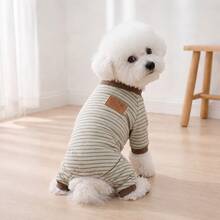 Leather Label Striped Four-Legged Jumpsuit Minimalist Pet Clothes Dog Spring Autumn Casual Home Wear Warm Four-Legged Outfit For Small And Medium Dogs - Khaki - View 3