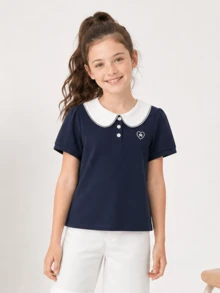Balabala Girls Summer Short Sleeve Peter Pan Collar Fashion T-Shirt Teen Top - Dark Blue - View 1