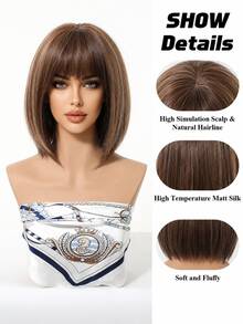 10 Inch Brown And Ash Brown Bob Wigs For Women, Short Straight Layered Synthetic Hair Wigs With Full Bangs And Natural Highlights, Soft Heat Resistant Fiber, Easy Wear For Daily Work, Office, School, Halloween, Cosplay, Retro Parties And Date Night - Multicolor - View 3