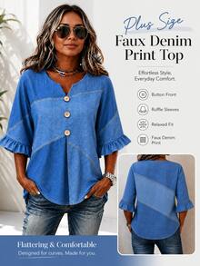 Blus Wanita Ukuran Besar Motif Denim Imitasi Blok Warna, Kerah V Berlekuk, Kancing Depan, Lengan 3/4 Berkerut, Atasan Kasual Longgar untuk Musim Gugur - Biru - View 3