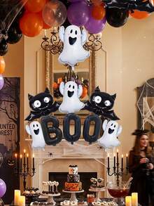 5pcs/Set Halloween Fun Decorative Balloon Set, Including "BOO" Letter, Ghost And Bat Patterns. These Halloween Decorative Balloons Are Perfect For Creating Holiday Atmosphere, Theme Party Decoration And Home Decor. - Multicolor - View 9