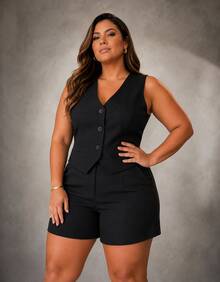 Tailored Suit, Charlotte Plus Size, Shorts + Vest - Black - View 3
