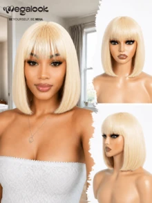 MEGALOOK Silky Straight Short Wig With Bangs 613 Blonde Color 100% Human Hair Wigs Machine-Made Short Bob Wig Glueless Virgin Human Hair Bangs Wig Natural Looking Daily Use - S613 - View 5