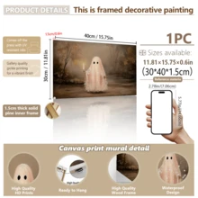 1pc Framed Canvas Wall Art, Cute Pink Ghost Holding Candle Canvas Wall Hanging, Vintage Autumn Forest Oil Painting, Dark Academia Style Halloween Atmosphere Decor, Suitable For Modern Home Decor, Room Decor, Dorm Decor, Bedroom Decor, Bathroom Decor, Kitchen Decor, Dining Room Decor, Living Room Decor, Office Decor, School Decor, Ghost Art, Gothic Halloween Poster, Halloween Decor, Halloween Home Decor, Ghost, Horror Decor - Pink Ghost - View 13