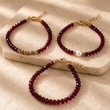 6pcs Minimalist Elegant Luxury Versatile Burgundy Asymmetrical Beaded CCB Crushed Stone Faux Pearl Multi-Element Bracelet Set Suitable For Women's Daily Casual Outings, Banquets, Music Festivals, Events, Mother's Day Gift - Burgundy - View 3