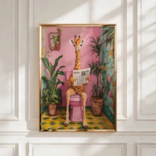 1pc Modern Canvas Wall Art Decor, Animal Poster, Fun Animal Theme, Cute Giraffe Reading Newspaper In Bathroom, Bathroom/Toilet Decor, Framed Or Unframed, Bathroom Wall Decor Gift - A - View 3