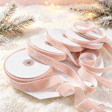 Flocked Ribbon Christmas Ribbon Suitable For Christmas Tree Decoration, Christmas Sleigh Decoration, Christmas Dinner Decoration, Christmas Window Display Decoration, Flocked Satin Ribbon Bow 3/8 Inch X 10 Yards (Multiple Sizes Available) With Paper Spool Easy To Store - Champagne Size 10 - View 1