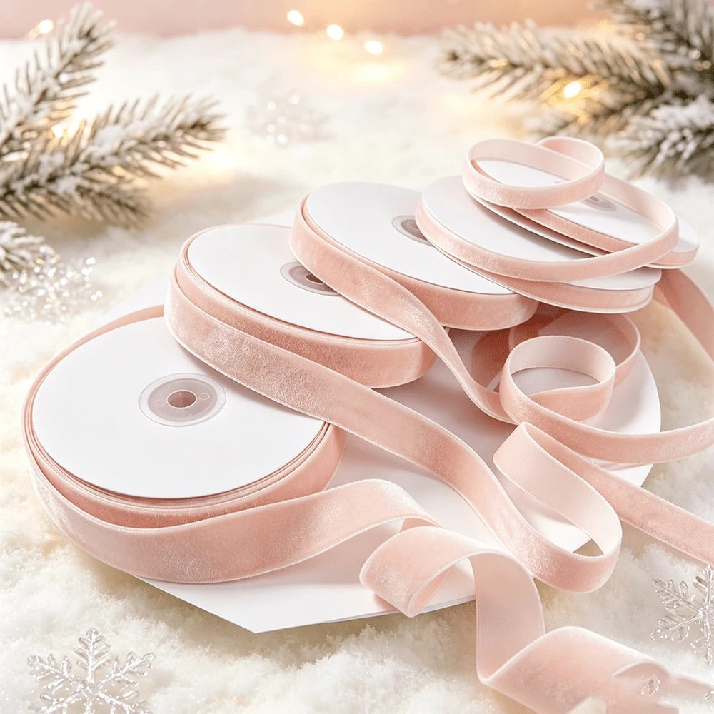 Flocked Ribbon Christmas Ribbon Suitable For Christmas Tree Decoration, Christmas Sleigh Decoration, Christmas Dinner Decoration, Christmas Window Display Decoration, Flocked Satin Ribbon Bow 3/8 Inch X 10 Yards (Multiple Sizes Available) With Paper Spool Easy To Store - Champagne Size 10 - View 1