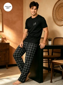 Un conjunto de pijamas sencillos para parejas, pantalones a cuadros negros, estilo básico discreto, conjunto de ropa de dormir a juego para parejas. - Colores mixtos - Ver 6