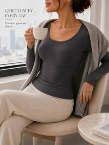 Women's Ultra-Thin Warm Thermal Base Layer Top, Long Sleeve Round Neck High Elastic Slim Fit Undershirt, Autumn/Winter - Grey - View 7