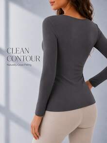 Women's Ultra-Thin Warm Thermal Base Layer Top, Long Sleeve Round Neck High Elastic Slim Fit Undershirt, Autumn/Winter - Grey - View 4