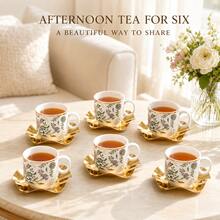 12-Piece Vintage Floral Ceramic Cup Set, 6 Floral Print Porcelain Mugs With 6 Gold Wavy Metal Cup Holders, Elegant Gold-Rimmed Tea Cups Coffee Cups, Afternoon Tea Table Decor Service Set, Suitable For 6 People - White - View 8