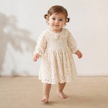 1pc Girls Embroidered Mesh Ruffle Collar Dress, Elegant Formal Short Sleeve Frock For Toddler & Little Girls, Suitable For Party, Birthday, Wedding - Apricot - View 11