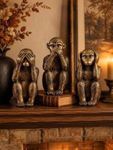 Three Wise Monkeys Statue Set, 3 PiecesAntique Bronze Monkey Ornaments Covering Eyes Ears And Mouth, Symbolic Home And Office Decor For Console Table, Library And Meditation Room - Classic - View 6
