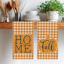 2pcs Autumn Orange & White Plaid Pumpkin Silhouette Pattern Kitchen Towels, 40*60cm Soft Microfiber Tea Towels, Suitable For Home Kitchen Restaurant Outdoor Camping Tabletop Cleaning Dish Cloth Hand Towel Accessories HOME Fall Text Kitchen Towels Holiday Gift - Multicolor - View 2
