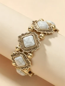 1pc Personalized Vintage Geometric Turquoise Inlaid Elastic Bracelet - White Square - View 11