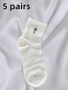 1/3/5/10 Pairs Men's Black & White Gothic Cross Mid-Calf Socks, Soft & Comfortable, Sweat-Absorbent - Multicolor - View 6
