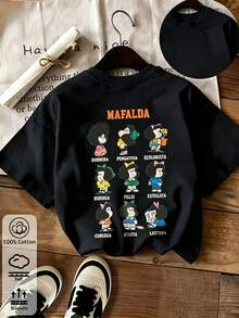 Women's Mafalda Graphic T-Shirt, Crew Neck, Short Sleeve, White, 100% Cotton, Casual Summer Top, Retro Casual Top With Mafalda Graphic - 黑色 - 查看 1