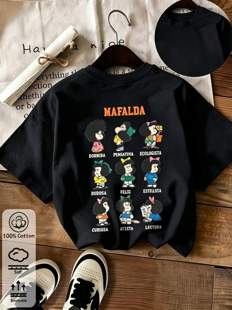 Women's Mafalda Graphic T-Shirt, Crew Neck, Short Sleeve, White, 100% Cotton, Casual Summer Top, Retro Casual Top With Mafalda Graphic - 黑色 - 查看 1