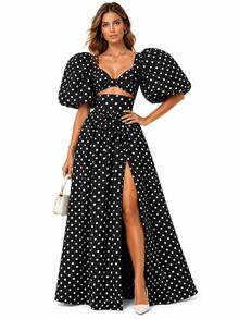 Women's Polka Dot Puff Sleeve Cut Out Top And Maxi Skirt Two Piece Set - 黑色 - 查看 1