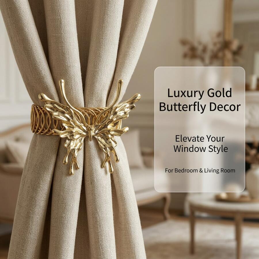 1pc Luxury Gold 3D Butterfly Curtain Tieback, Elastic Decorative Curtain Buckle, Elegant No-Drill Curtain Holder, Suitable For Living Room, Bedroom, Home Interior Decor, Daily Use
