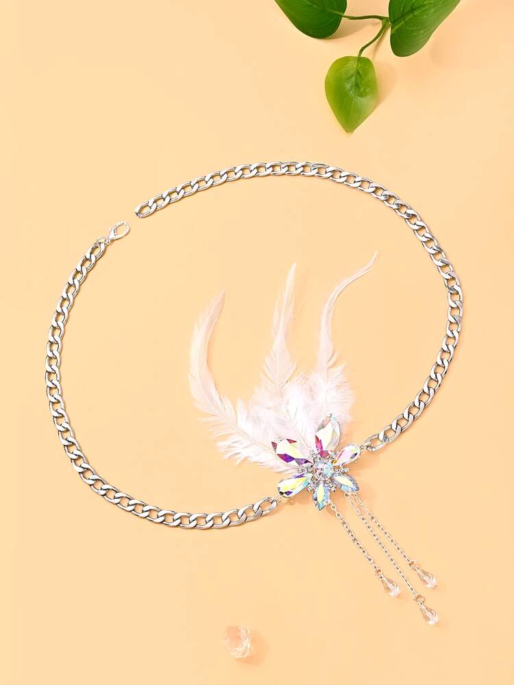 outingfit 1pc Silver Rhinestone Black Feather Headband, Women's Wedding Fashion Evening Party Head Accessory Jewelry, Outfit Hair Accessory, Women's Accessory - Silver - View 3