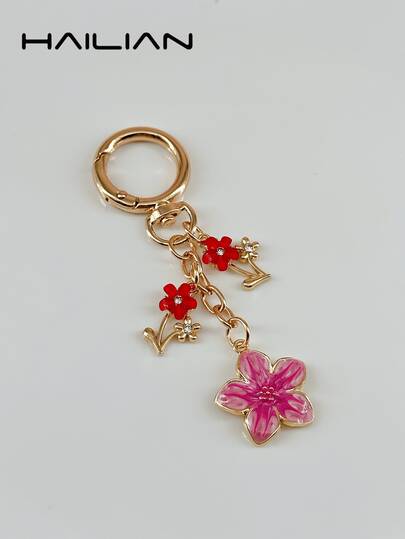 HAILIAN 1 pieza Llavero de flor de cerezo de aleación con etiqueta cuadrada, diseño ligero y elegante, adecuado para colgante de bolso, anillo de llaves de coche, regalo de cumpleaños y festivo para parejas