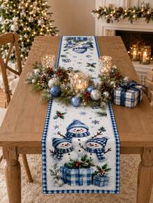 1pc-Christmas Table Runner Blue Snowman Winter Holiday Decor, Buffalo Plaid Snowflake Table Runner For Dining Table, Farmhouse Xmas Table Linen, Rustic Christmas Centerpiece Runner For Kitchen, Coffee Table, Party Decoration, Holiday Home Decor - Multicolor - View 5