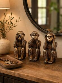 Three Wise Monkeys Statue Set, 3 PiecesAntique Bronze Monkey Ornaments Covering Eyes Ears And Mouth, Symbolic Home And Office Decor For Console Table, Library And Meditation Room - Classic - View 5