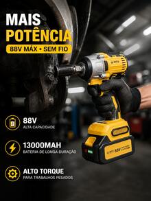 Chave de Impacto Sem Fio 88V Motor Sem Escovas 500N.m Alta Potência 13000mAh 2 Baterias de Lítio Encaixe 1/2" Kit com Maleta Ferramenta Elétrica para Reparo Automotivo Oficina e Reparos Domésticos - Amarelo - Visão 7