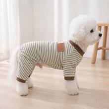 Leather Label Striped Four-Legged Jumpsuit Minimalist Pet Clothes Dog Spring Autumn Casual Home Wear Warm Four-Legged Outfit For Small And Medium Dogs - Khaki - View 1