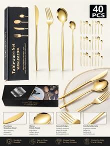 40pcs Stainless Steel Cutlery Set, Gold Knife & Fork, Mirror Dessert Fork, Colorful Cake & Fruit Spoon, Small Coffee Spoon, Kitchen Dining Utensils - Multicolor - View 13