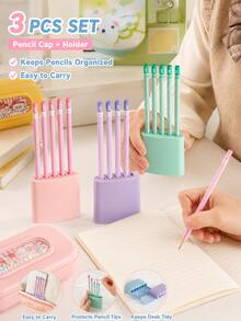 3pcs 2-In-1 Pencil Cap & Pen Holder Set, Upright Desktop Pencil Caps, Anti-Lost Drop-Resistant Tip Protector Pen Covers For Students, Multiple Pen Types, School Supplies & Office Desk Accessories - Multiple Options Available - View 1