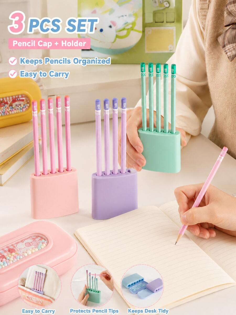 3pcs 2-In-1 Pencil Cap & Pen Holder Set, Upright Desktop Pencil Caps, Anti-Lost Drop-Resistant Tip Protector Pen Covers For Students, Multiple Pen Types, School Supplies & Office Desk Accessories - Multiple Options Available - View 1